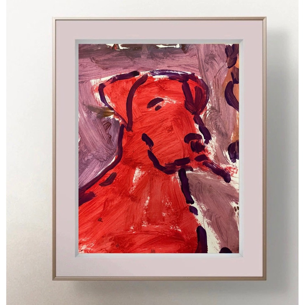 Oman Hosea Original Art 9x12 Neo Expressionist Smoking Dog Painting Red Purple